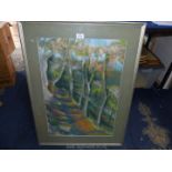 A framed and mounted Pastel drawing depicting a track road through a forest, no visible signature,