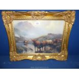 An ornate framed print depicting Highland cattle drinking from a loch. Image size 15" x 11".