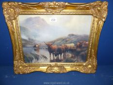 An ornate framed print depicting Highland cattle drinking from a loch. Image size 15" x 11".