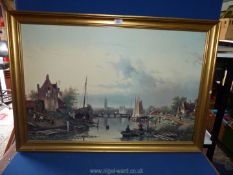 A large Dutch print on board depicting figures in boats walking by a riverside with a town in the