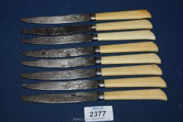 Eight Napoleonic period knives with ivory handles and steel blades marked with makers name,