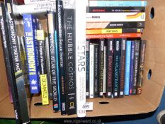 A box of books to include; Astronomy, Human Origins, Physics, Destination Mars, etc.