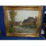 A framed Oil on canvas depicting a row of thatched cottages with a young girl in the lane holding a