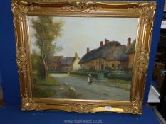 A framed Oil on canvas depicting a row of thatched cottages with a young girl in the lane holding a