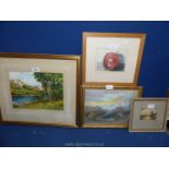 A large watercolour and Gouache titled 'Apple' and a small landscape oil painting.