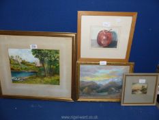A large watercolour and Gouache titled 'Apple' and a small landscape oil painting.