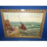 A framed Oil on canvas depicting a fishing boat coming into the harbour with ladies waiting to