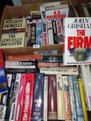 Two boxes of hardback books to include; John Grisham, Robert Harris, John Ehrlichman, Len Deighton,