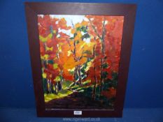 A framed Oil on board, label verso titled "Autumn in the Forest" by Eileen Bowen 1999, 17" x 21".