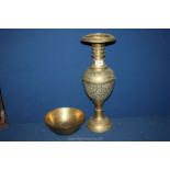 A tall brass Vase with floral engraved decoration (19 1/2" tall) and a Chinese brass bowl engraved