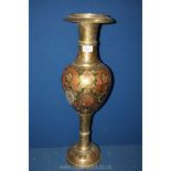 A tall brass Vase with engraved and enamel floral decoration, 24 1/2" tall.