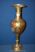 A tall brass Vase with engraved and enamel floral decoration, 24 1/2" tall.