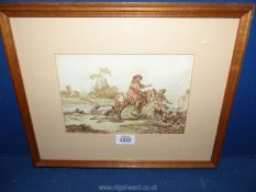 A framed and mounted coloured etching depicting a gentleman on a horse,
