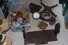 A box of miscellanea including brass, clock parts, voltage meter, wooden plinths and bases etc.