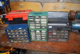 Four miniature drawer container and contents of screws, nails etc.