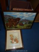 A framed needlepoint of highland cattle and a decoupage of Poppies.