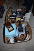 Two boxes of miscellaneous items to incude DVD's, alarm clocks, china etc.