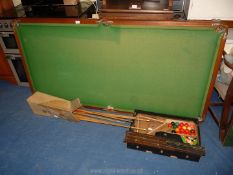 A 6' table top Snooker table (one adjustable support missing) with cues, score boards,