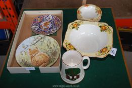 A Royal Worcester plate, Crown Ducal fruit set, Sylvac Bulmer's Tankard.