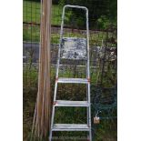 A four rung step ladder and a quantity of cane bean sticks.