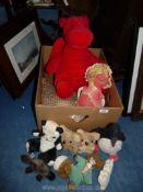 A box of soft toys; Welsh dragon, rag dolls, etc.