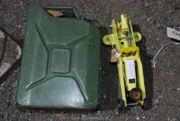 A Jerry can - good condition and small trolley jack. (needs attention).