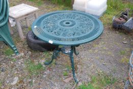 A circular metal garden table, 32" diameter x 28" high.