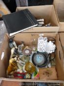 Two boxes including Partylite candle holders, ornaments etc.