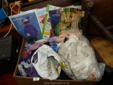 A box of haberdashery embroidery items, magazines, etc.