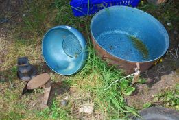 A large cast pot (20 1/2" x 10"), milk strainer, cast stand, last, etc.