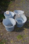 Four galvanised buckets.