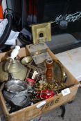 A box of miscellanea including brass, doll's house fireplace, candlesticks, cutlery etc.