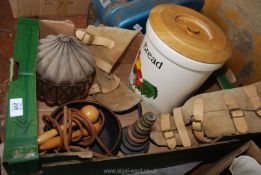 A bread bin and lid, size 6 Swede flat Boots, lamp shade etc.