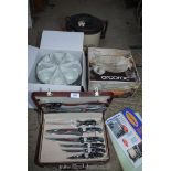 A boxed punch bowl set, Master Fry and cased kitchen knife set.