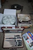 A boxed punch bowl set, Master Fry and cased kitchen knife set.