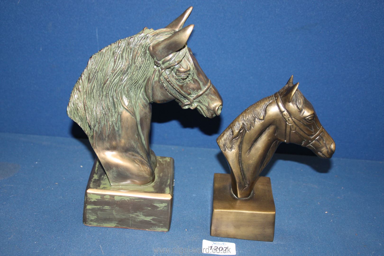 A Past Times bust of a horses head and smaller similar one in cast metal, 10" tall and 7 1/2" tall. - Image 2 of 2