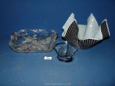 Three pieces of coloured glass including large black and white handkerchief vase,