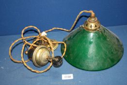 A ceiling light with heavy brass fittings and green glass coolie shade, 9 1/2'' diameter.