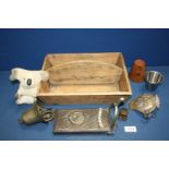 An old wooden cutlery box, AA badge, hanging door bell, small Koala bear,