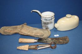 A Quaker Oats ladle, stoneware bed warmer and hedging gloves and tools.