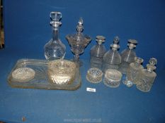 A box of assorted glass to include dressing table set, decanter, ring dish, lidded pots etc.