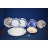 A quantity of plates including a large meat plate, Poole plate, two Adderleys blue and white plates,