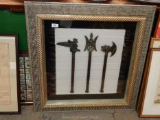 A silvered finish box frame containing three oriental design Fighting Axes, one being double sided,