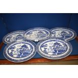 Five Johnson Bros. Willow pattern meat plates.