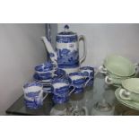 A blue and white Spode 'Italian' coffee set including coffee pot, coffee cans, saucers, etc.