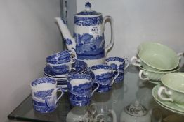 A blue and white Spode 'Italian' coffee set including coffee pot, coffee cans, saucers, etc.
