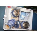 A quantity of blue and white china including four pieces of Wedgwood Jasperware, boxed tankard,