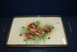 A rectangular two handled Art Nouveau style galleried Tray with china base depicting poppies 23"