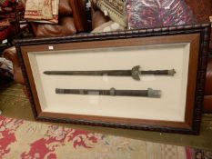 A simulated bamboo darkwood box frame containing a Chinoiserie J'ian style sword and scabbard,