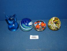 Four paperweights including blue, white and green swirl, Sweden Konst glass, blue fox,